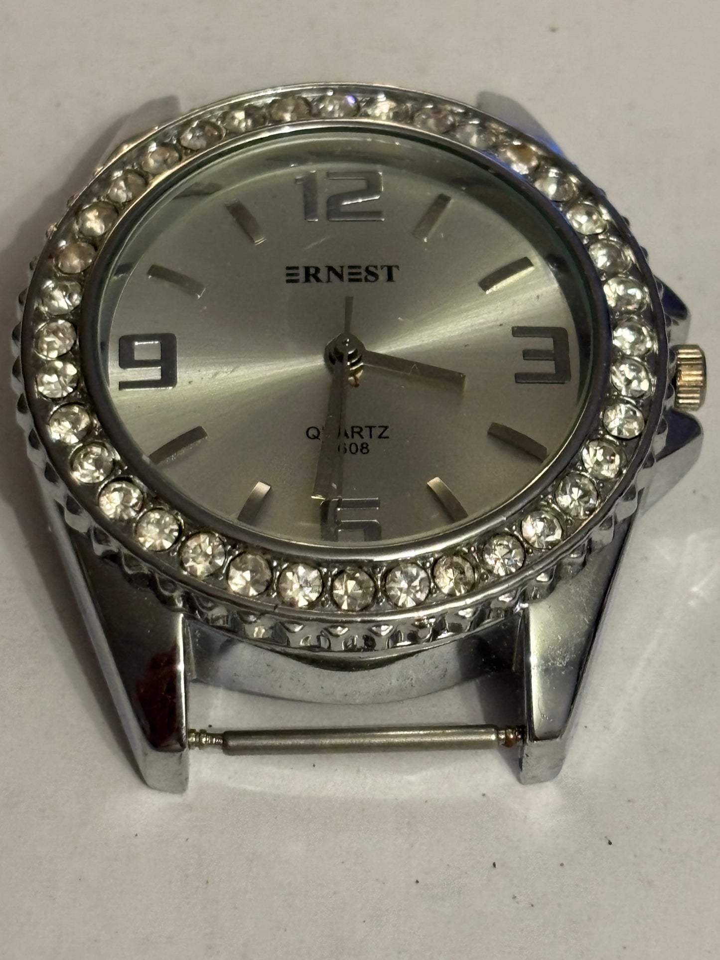 Ernest - Large silver gents watch with white stones - Untested