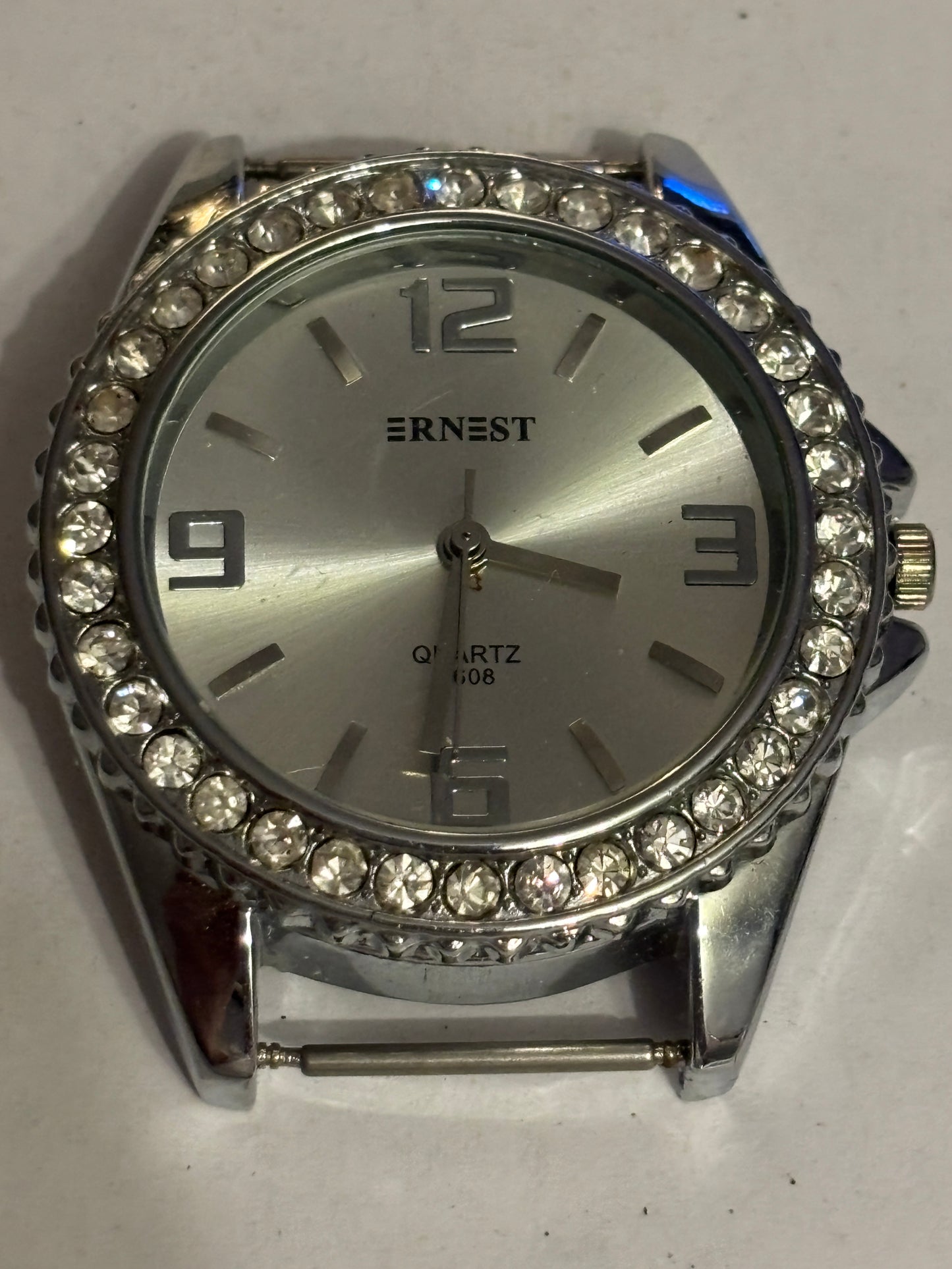 Ernest - Large silver gents watch with white stones - Untested