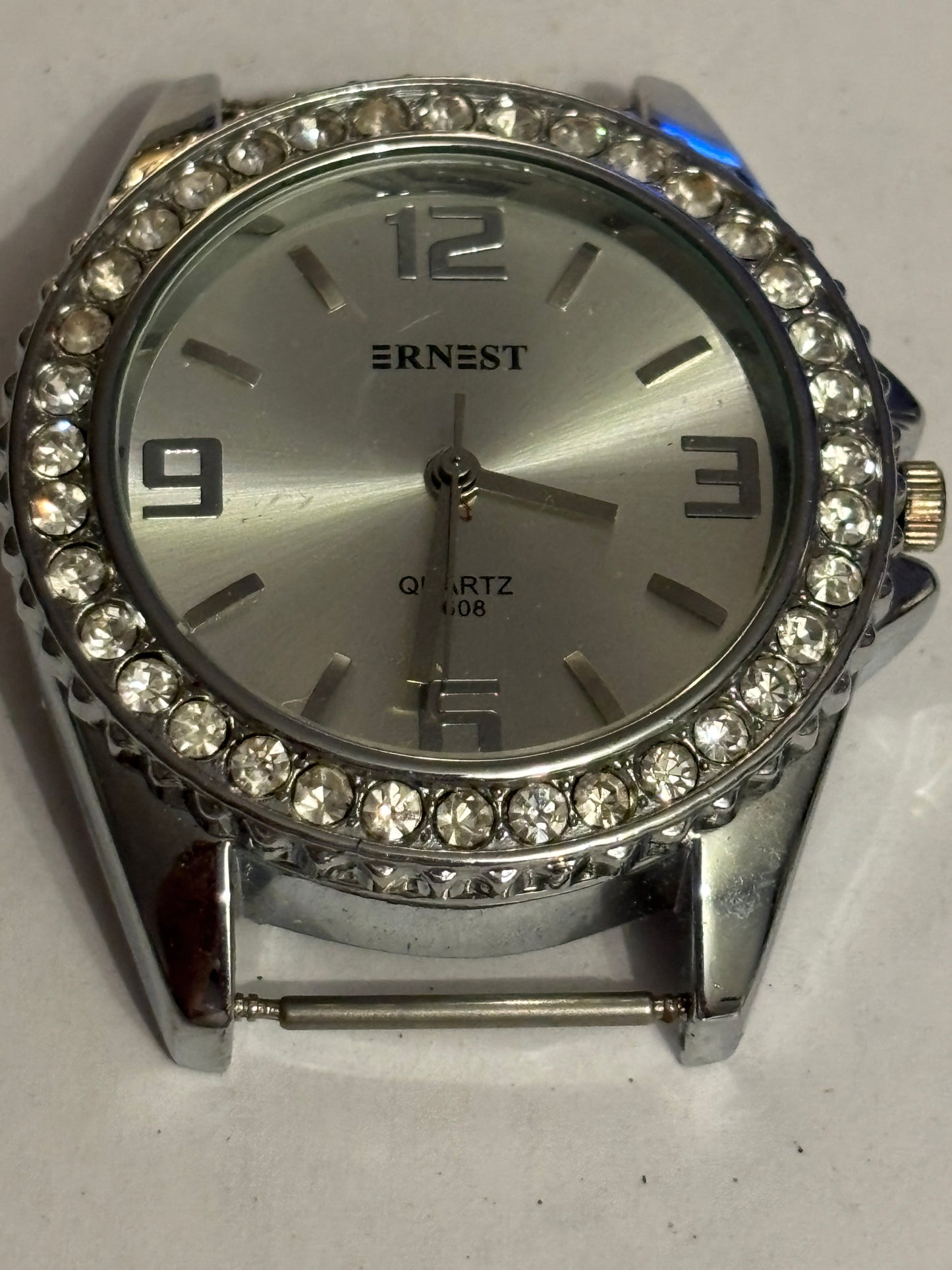 Ernest - Large silver gents watch with white stones - Untested