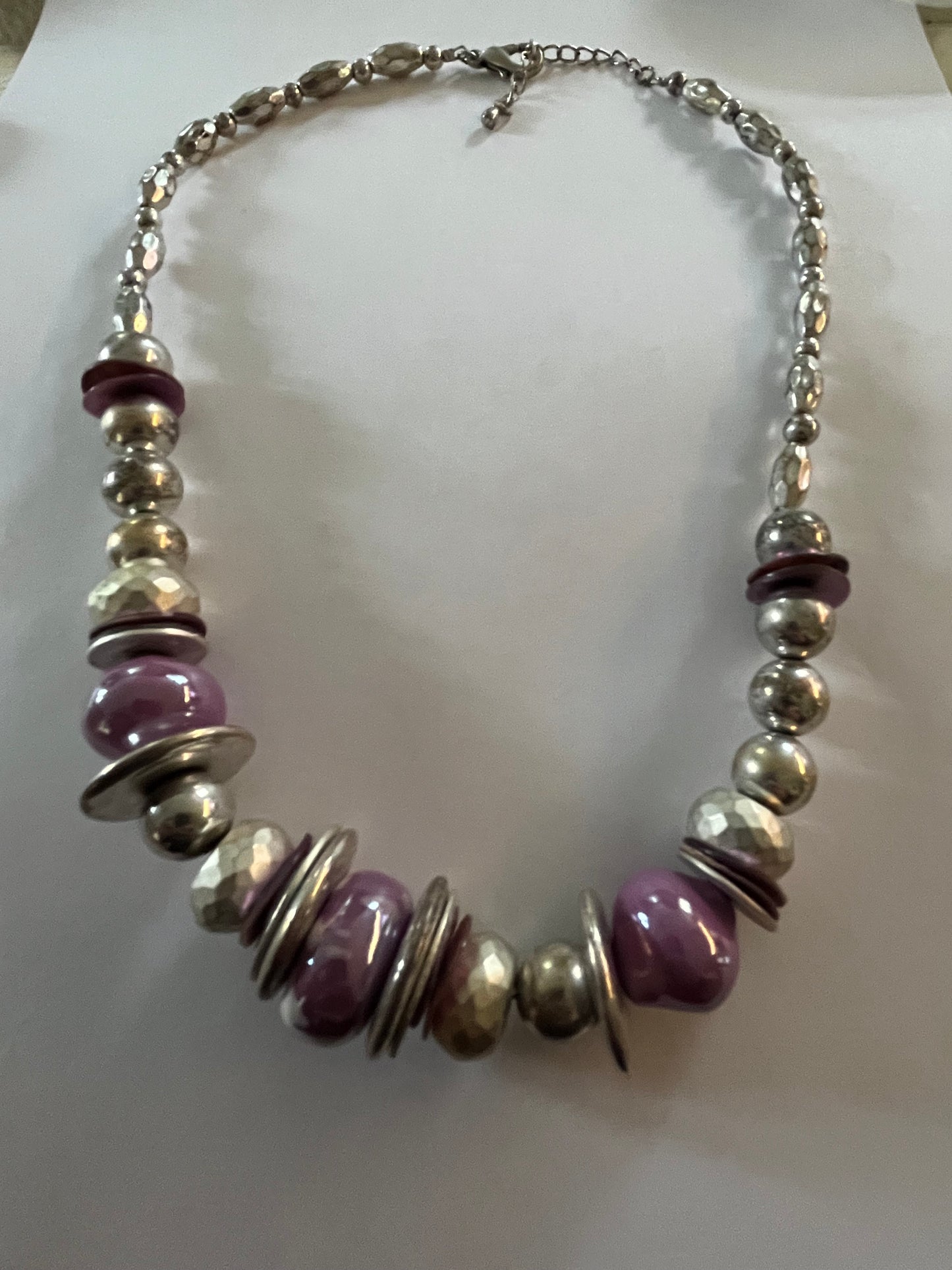 Purple and silver bead and disc large necklace