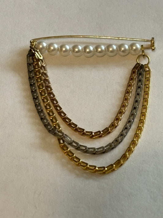 Gold Metal Seed Pearl Bar Brooch with chain