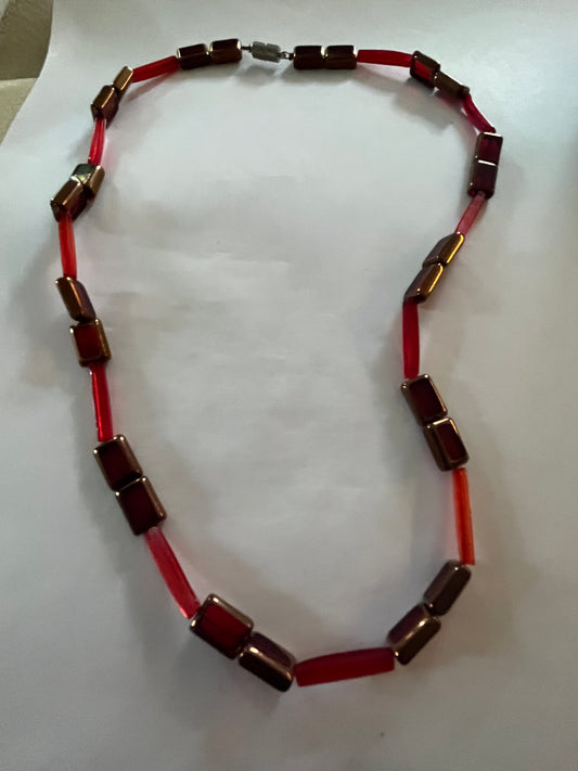 Bright red tube and block bead necklace