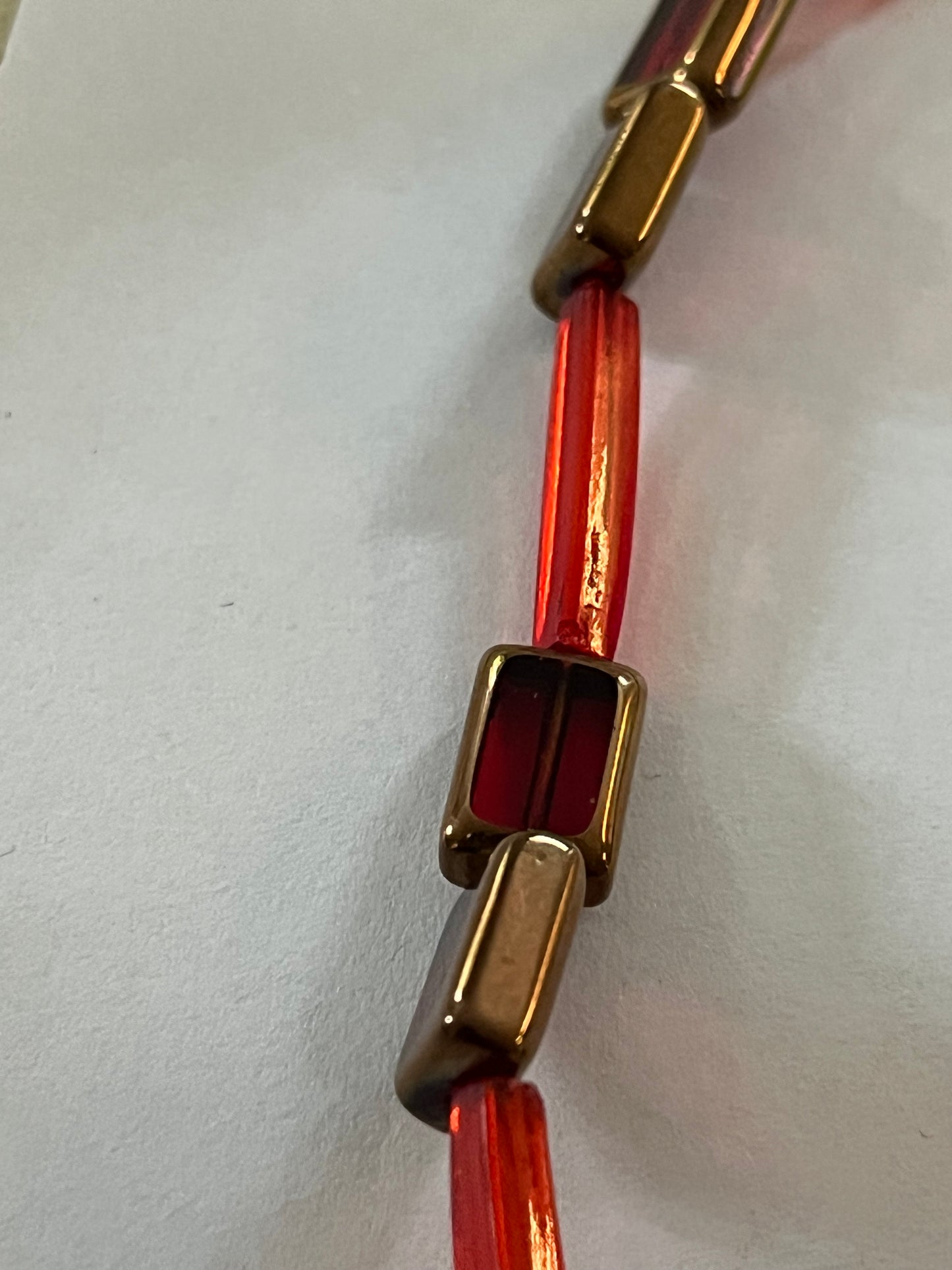 Bright red tube and block bead necklace