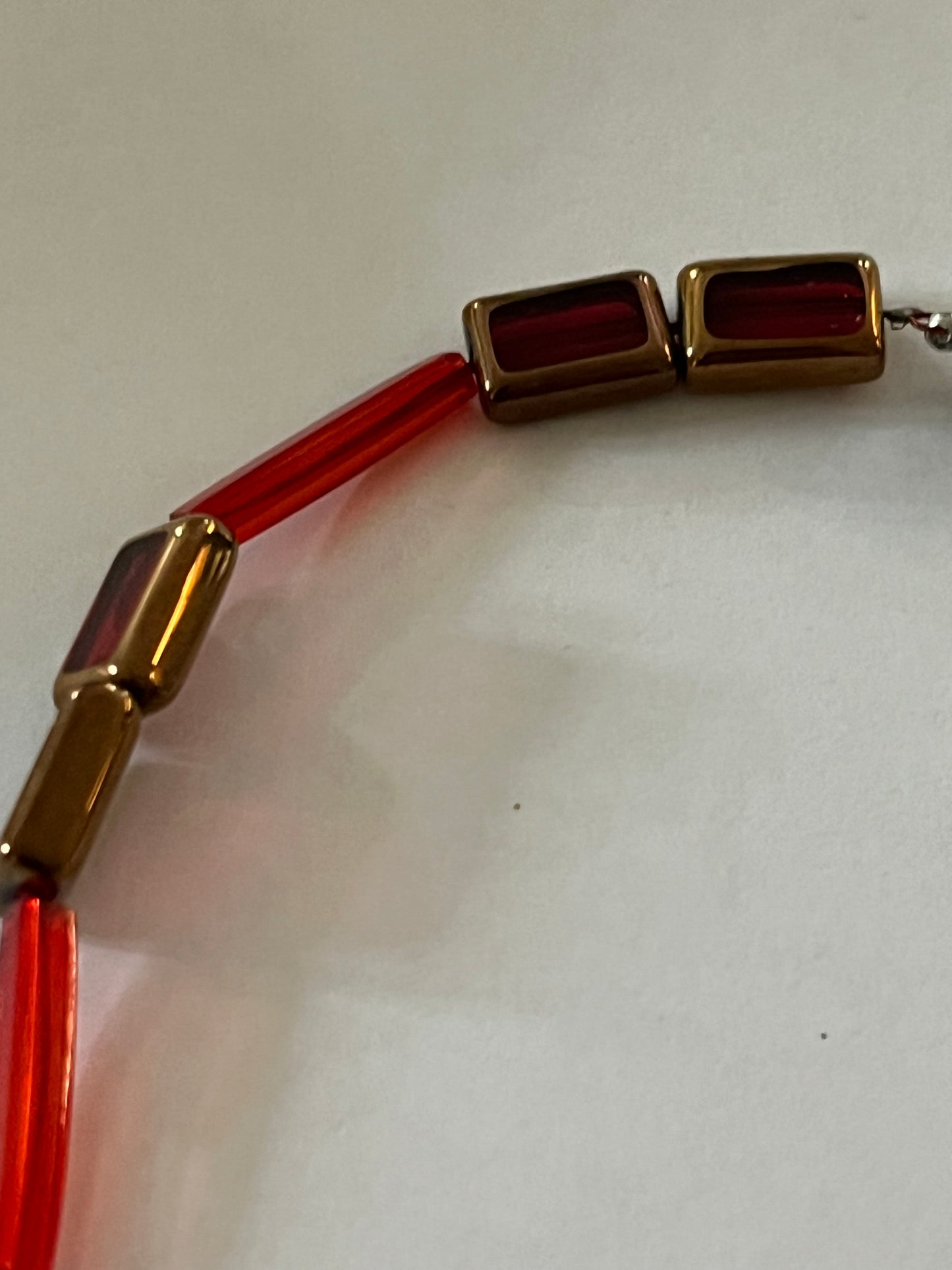 Bright red tube and block bead necklace