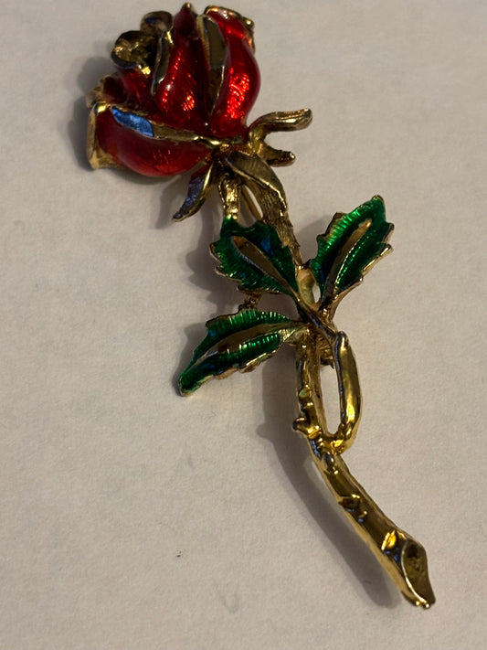 Large Gold Metal Red Rose Brooch