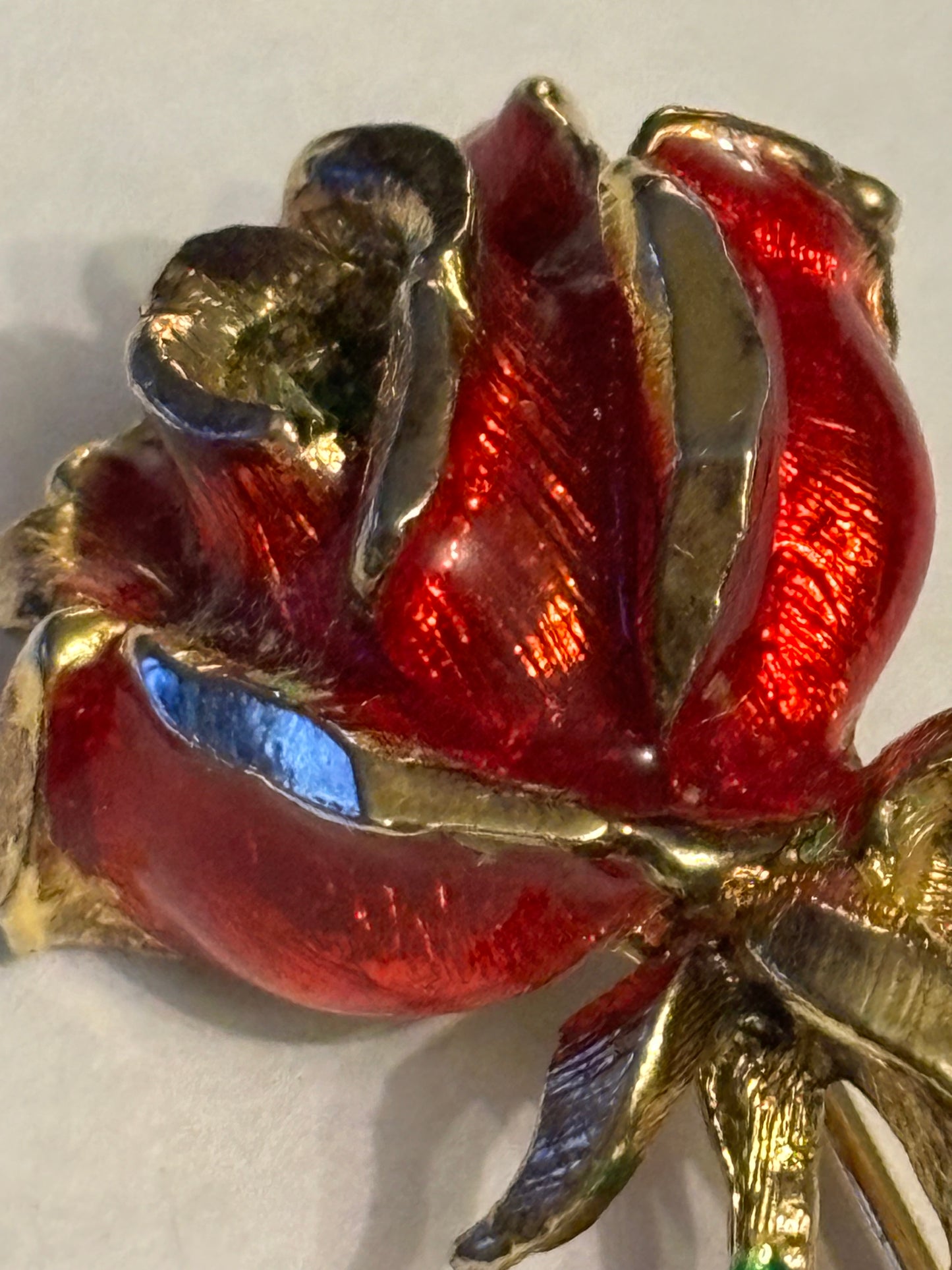 Large Gold Metal Red Rose Brooch