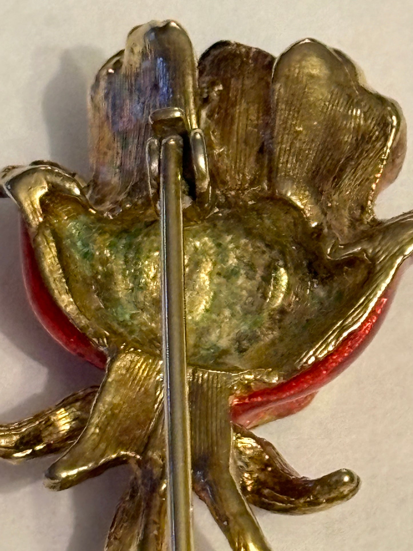 Large Gold Metal Red Rose Brooch