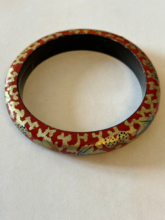 Red and Silver leaf pattern wooden bangle