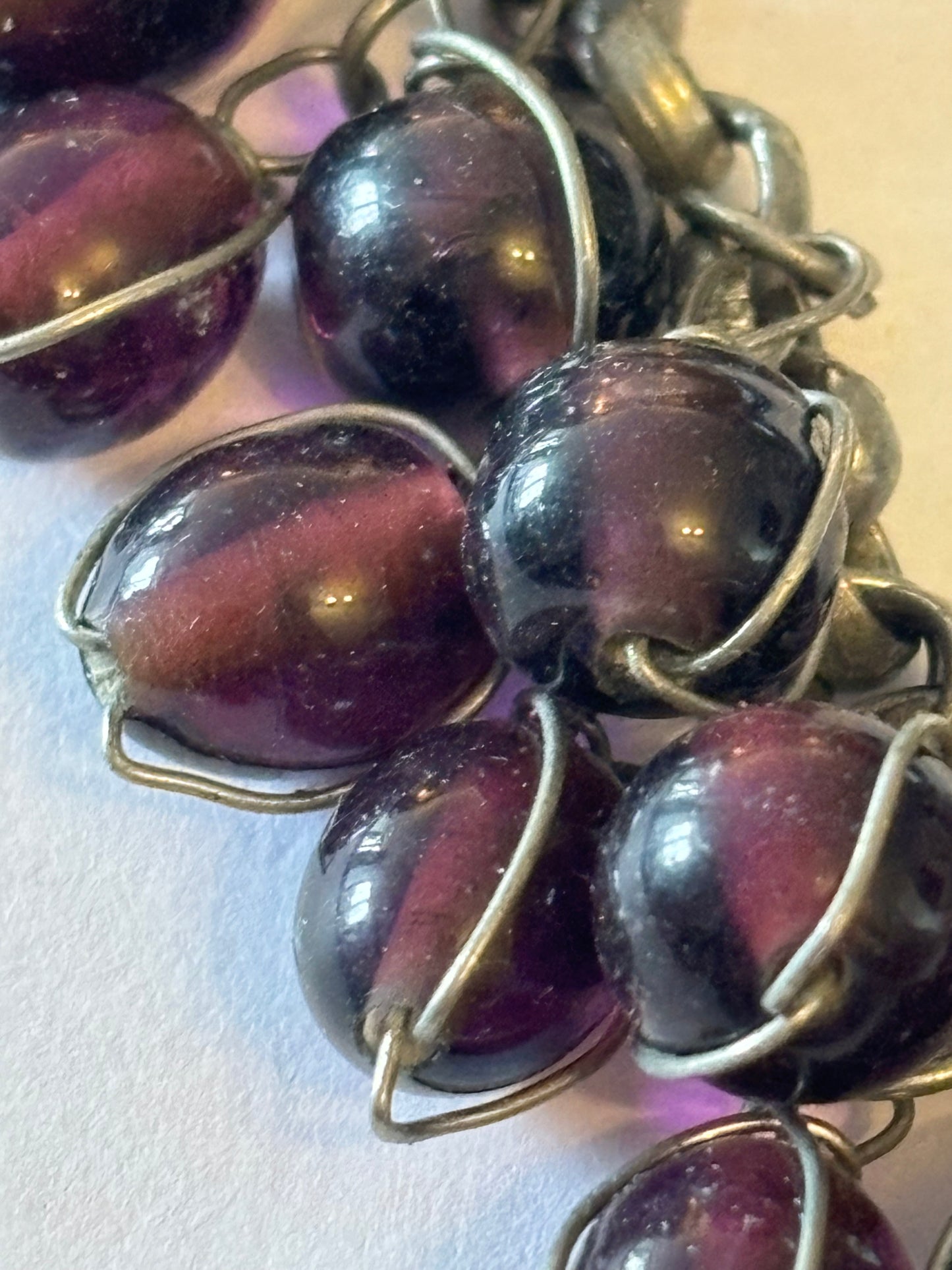 Silver metal T-Bar bracelet with dangle purple oval beads