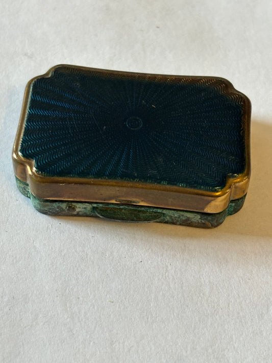 Small rectangular Stratton brass pill box with blue lid