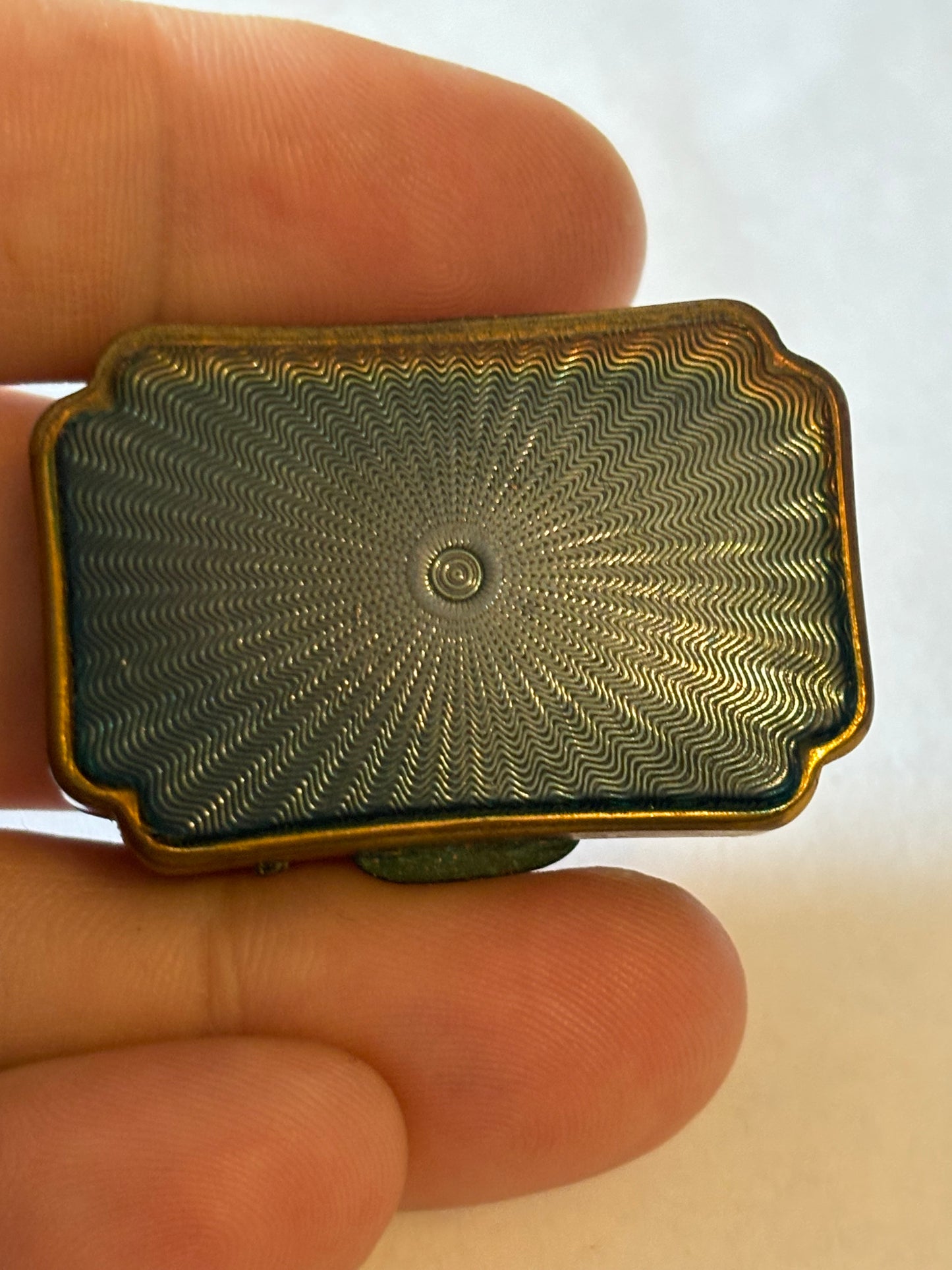 Small rectangular Stratton brass pill box with blue lid