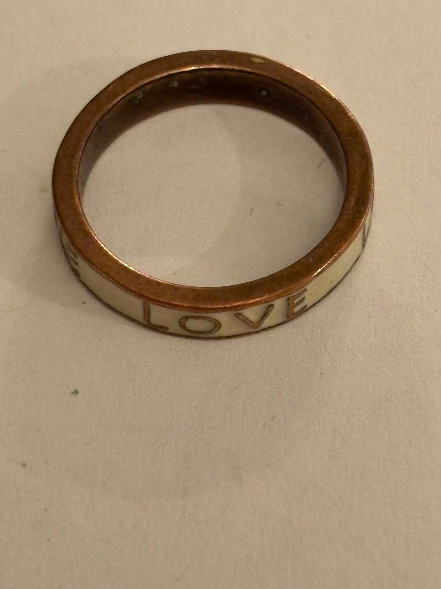 Copper band ring with white enamel and love message