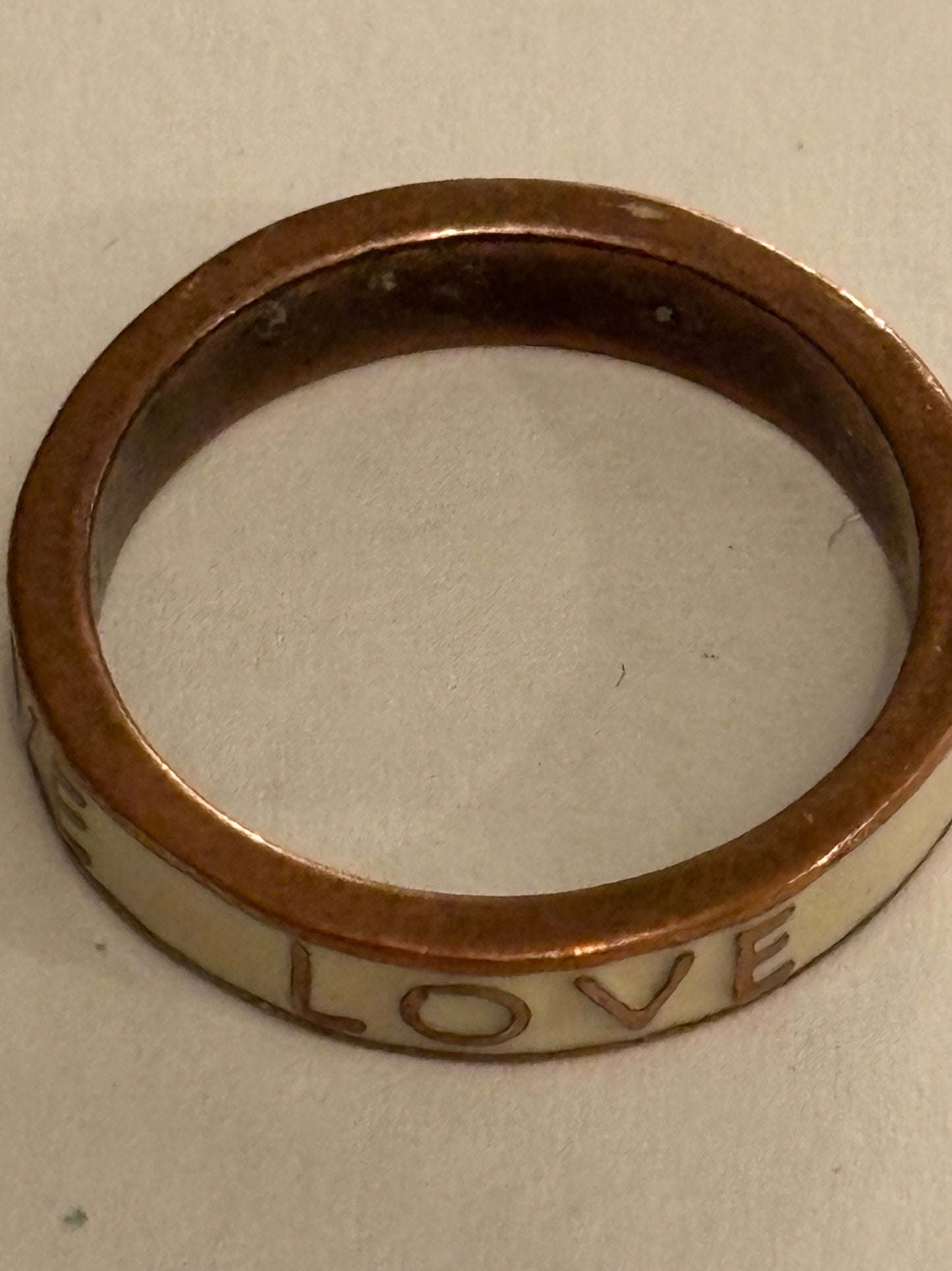 Copper band ring with white enamel and love message