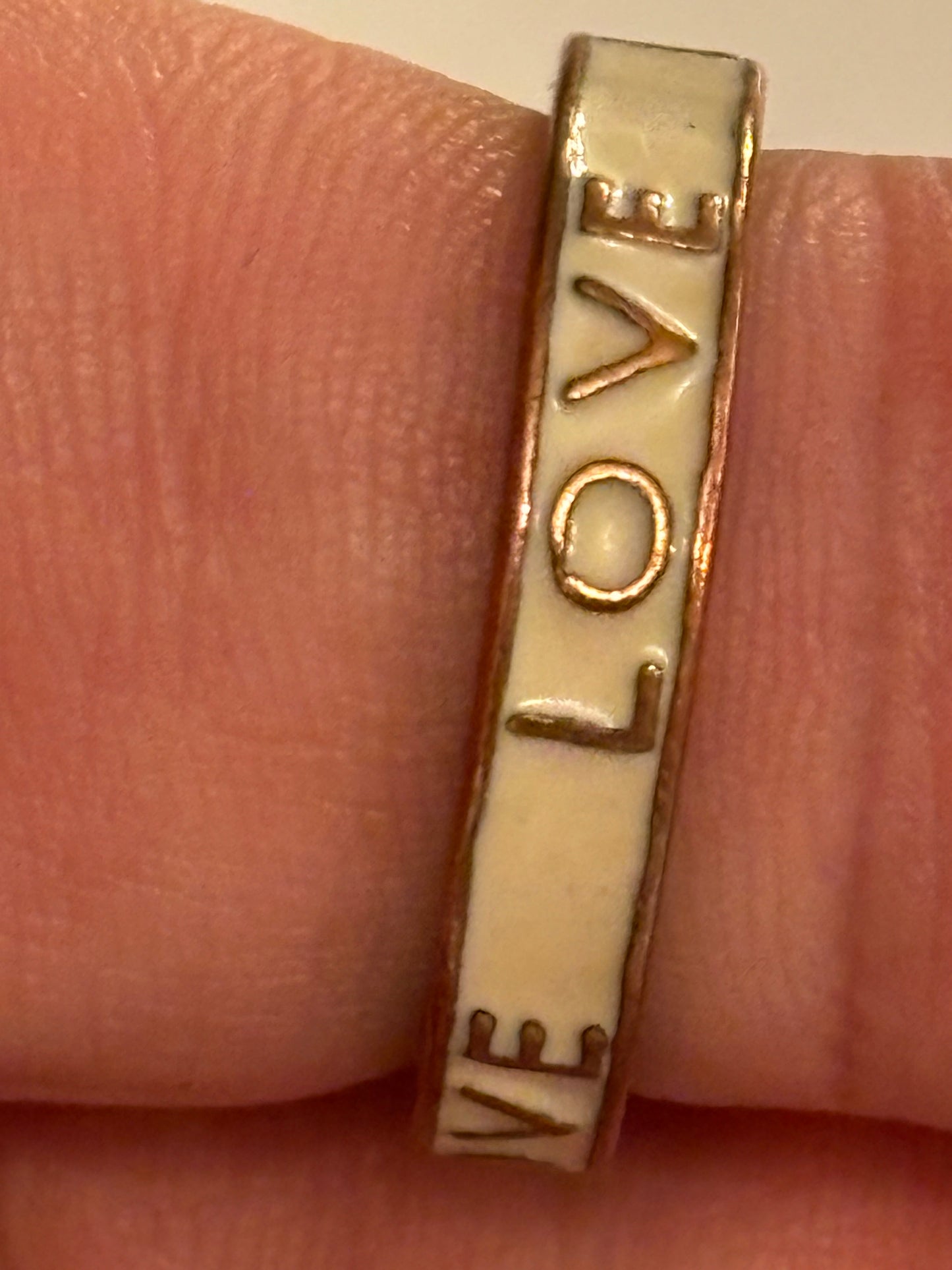 Copper band ring with white enamel and love message