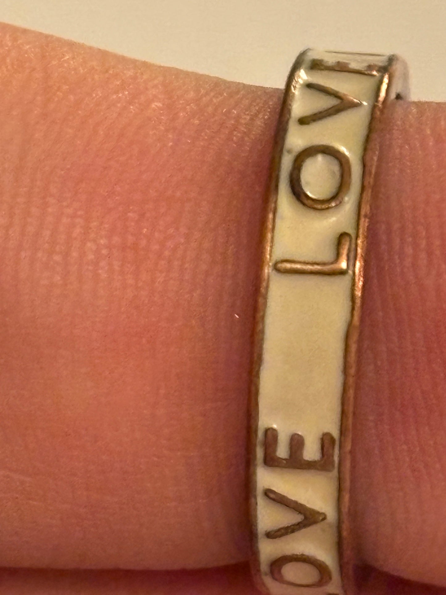 Copper band ring with white enamel and love message