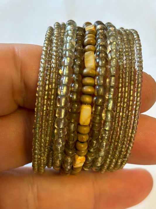 Smokey white and brown small bead wrap bangle