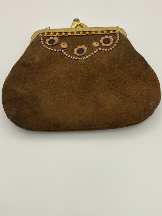 Vintage brown suede purse with gold metal clasp and light decoration