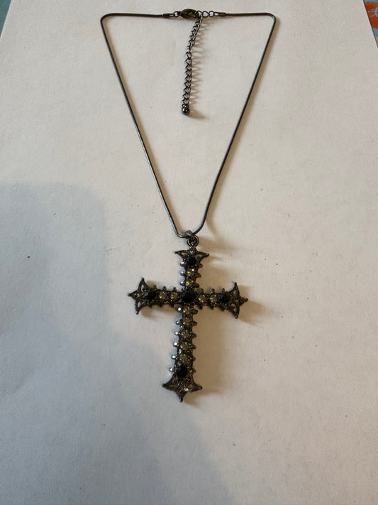 Dark metal smooth necklace with ornate jewelled cross pendant