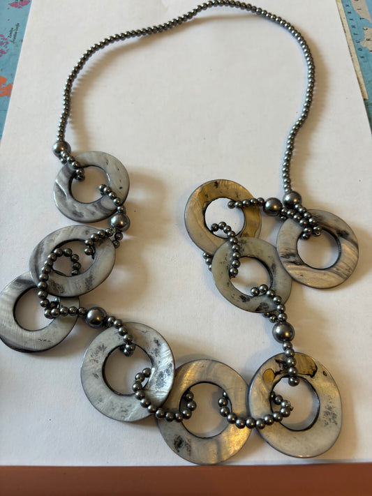 Long Silver and Grey bead and disc necklace