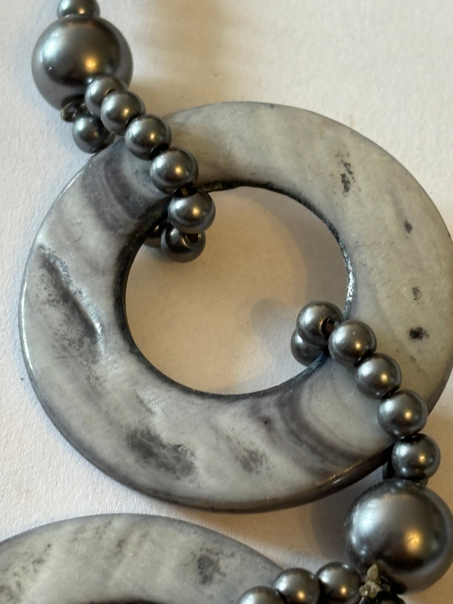 Long Silver and Grey bead and disc necklace