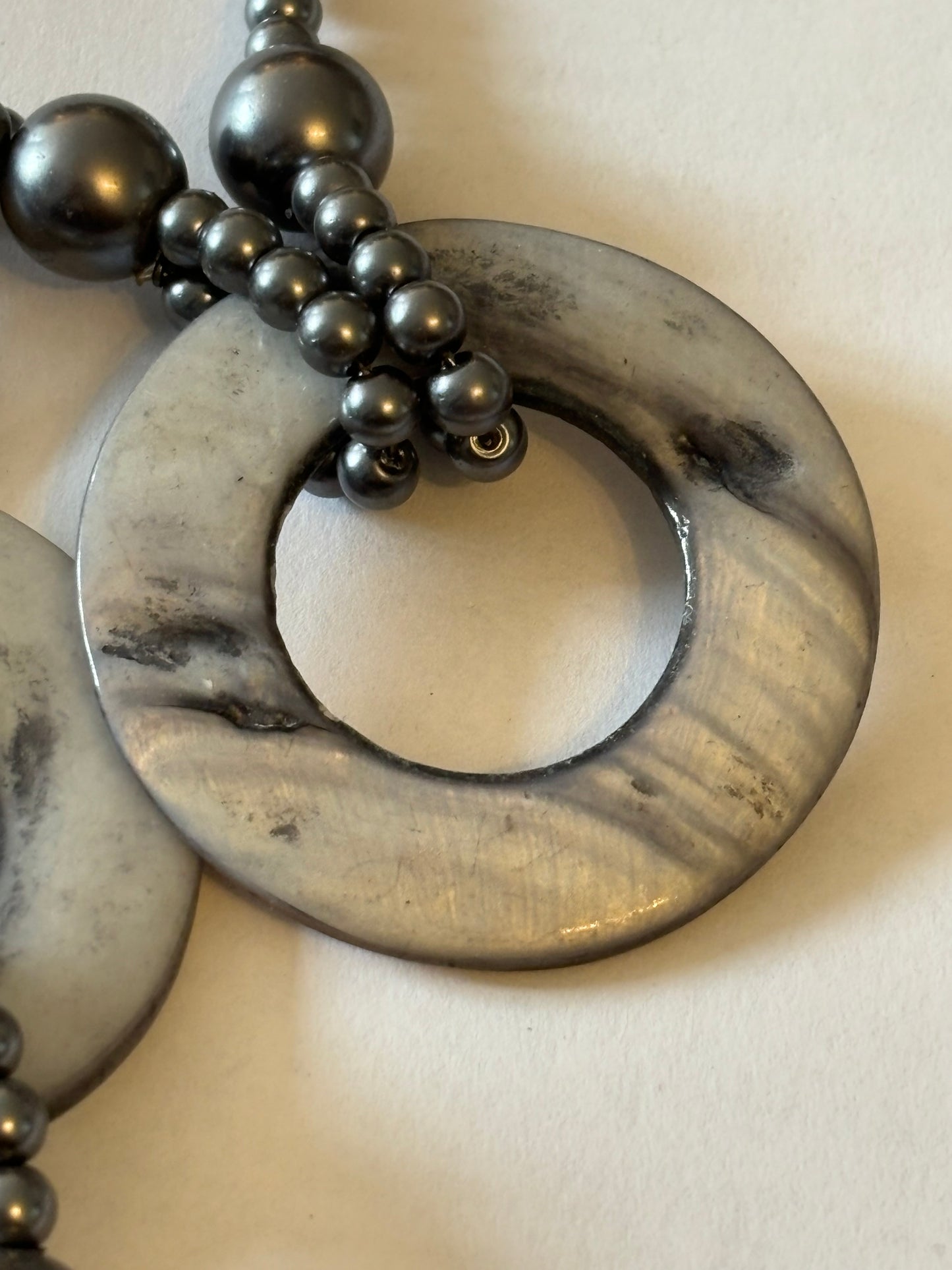 Long Silver and Grey bead and disc necklace