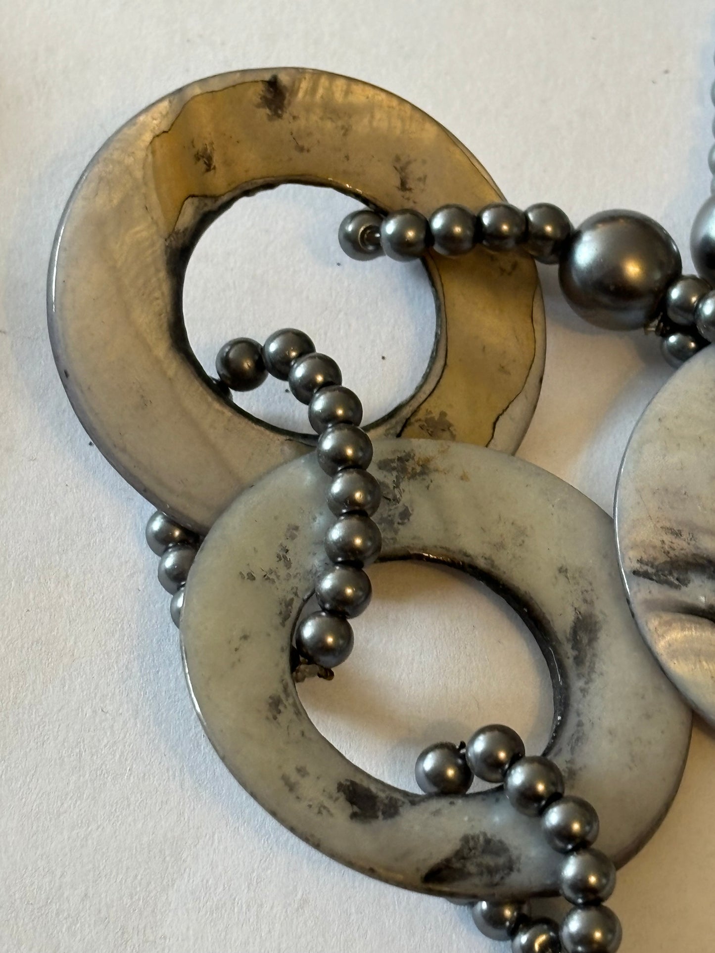 Long Silver and Grey bead and disc necklace