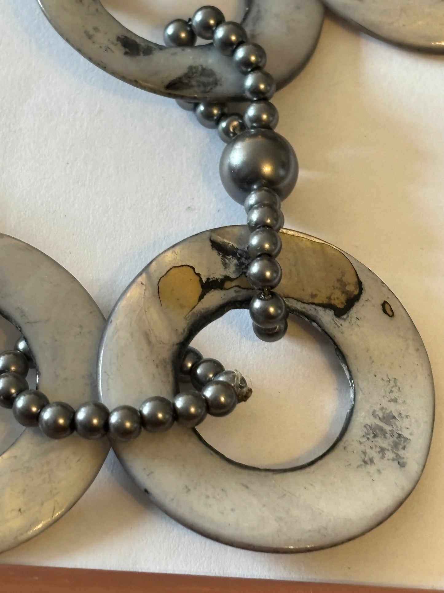 Long Silver and Grey bead and disc necklace