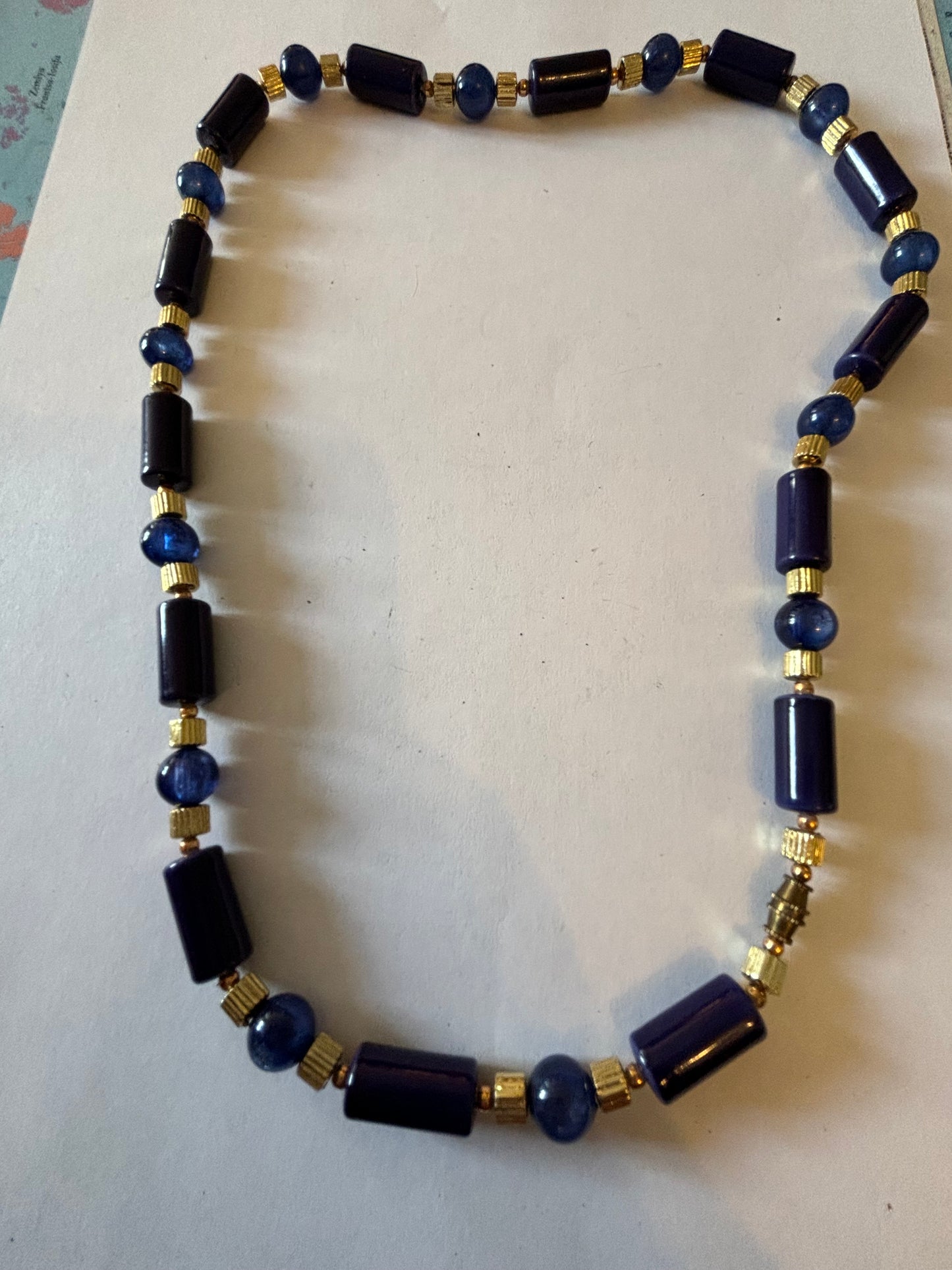 Blue Tube Link Necklace with Gold Spacers