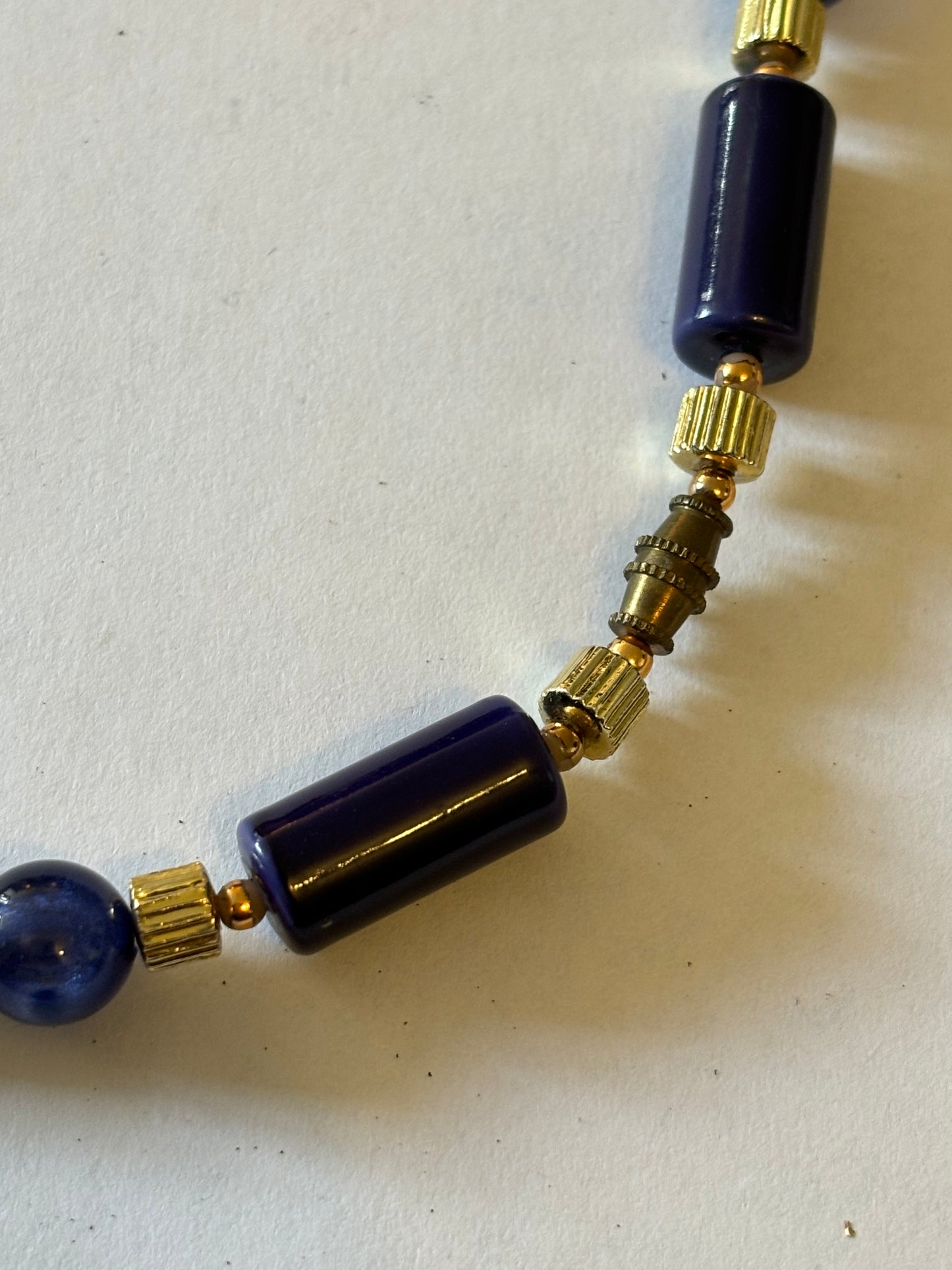 Blue Tube Link Necklace with Gold Spacers