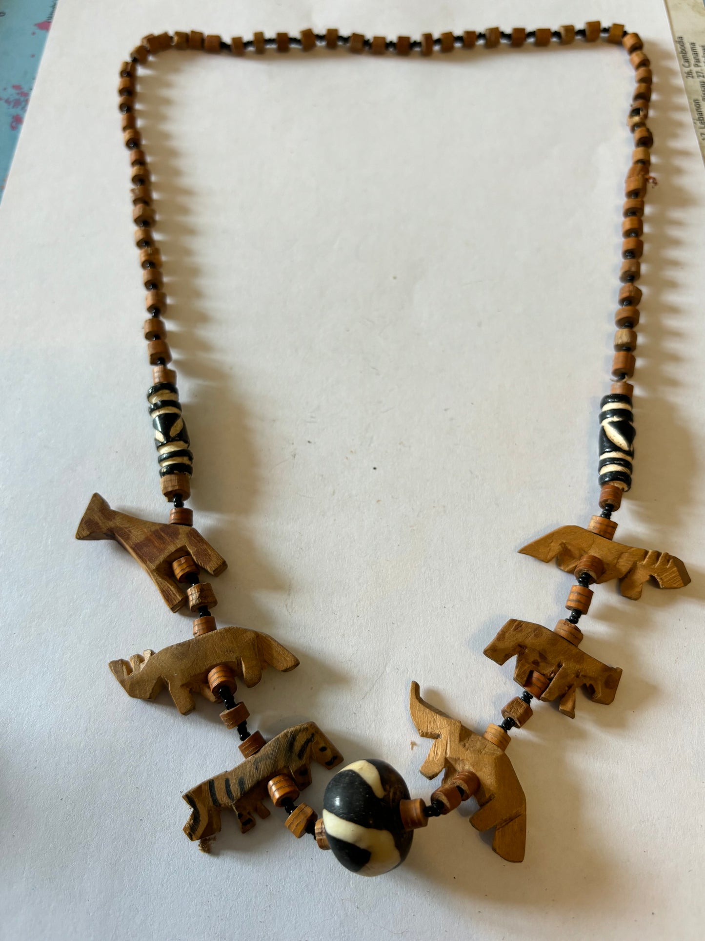 Wooden Bead Necklace with African Safari Animal Pendants