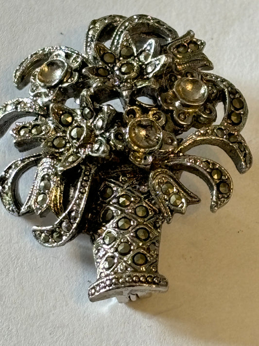 Silver and marcasite vase of flowers brooch