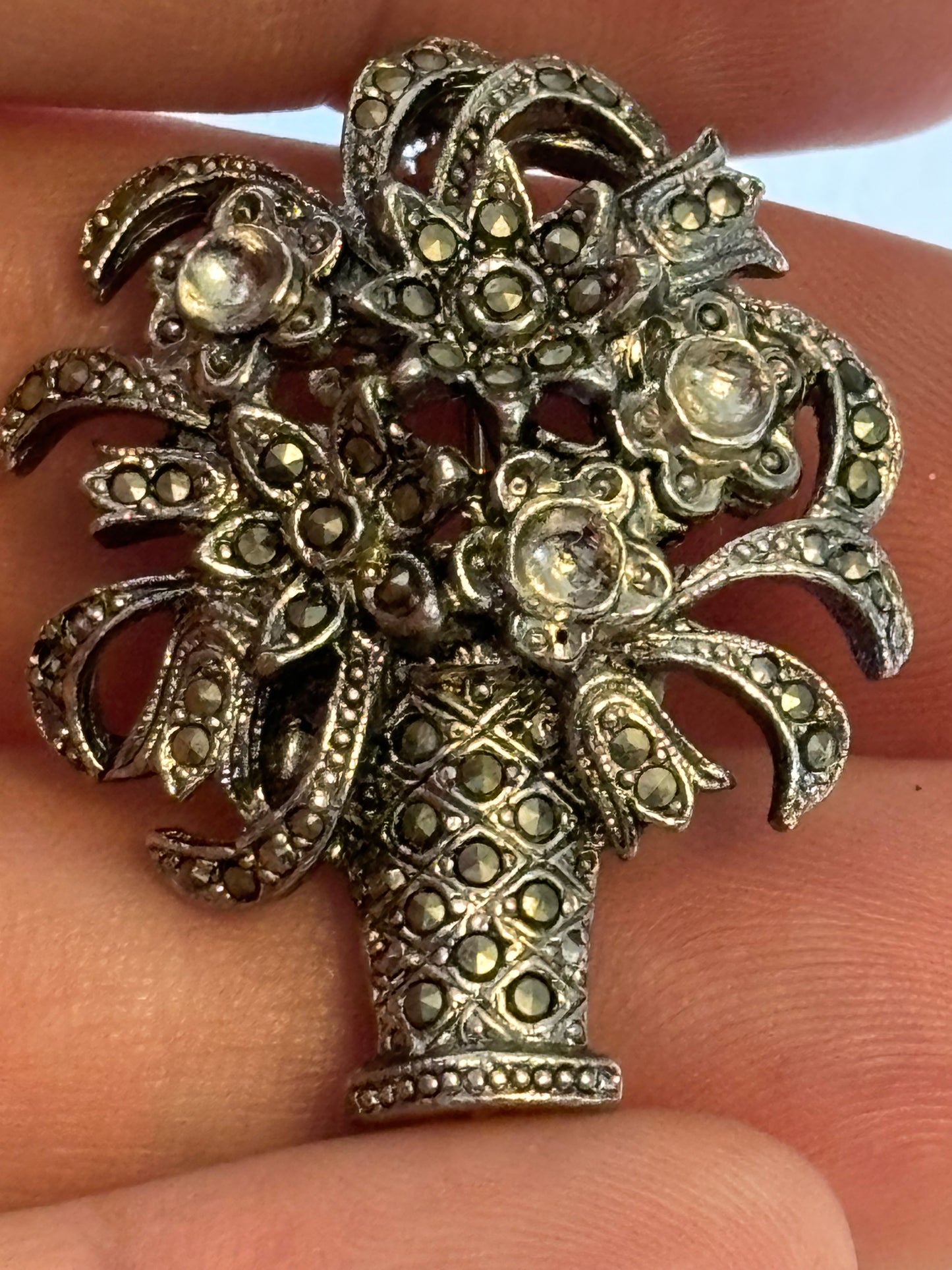 Silver and marcasite vase of flowers brooch