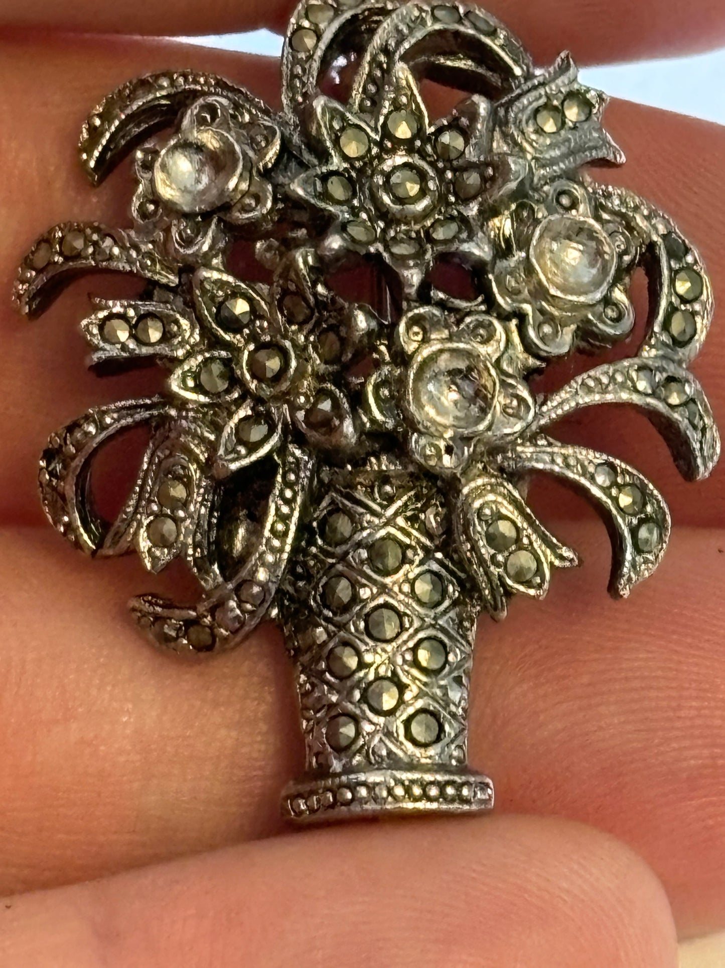 Silver and marcasite vase of flowers brooch