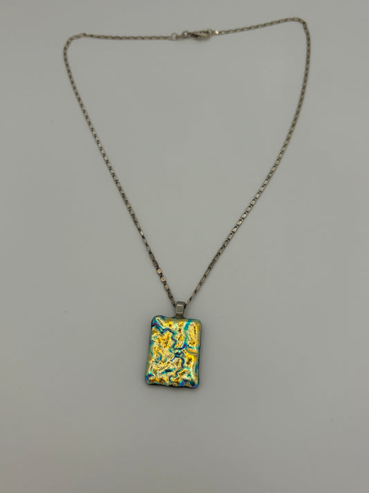 Yellow and Blue Metallic Square Pendant Necklace