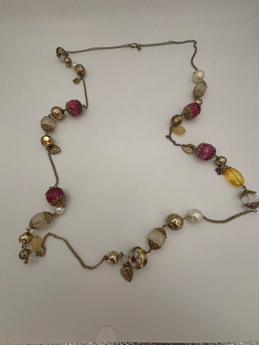 Pink, gold & white ornate bead necklace