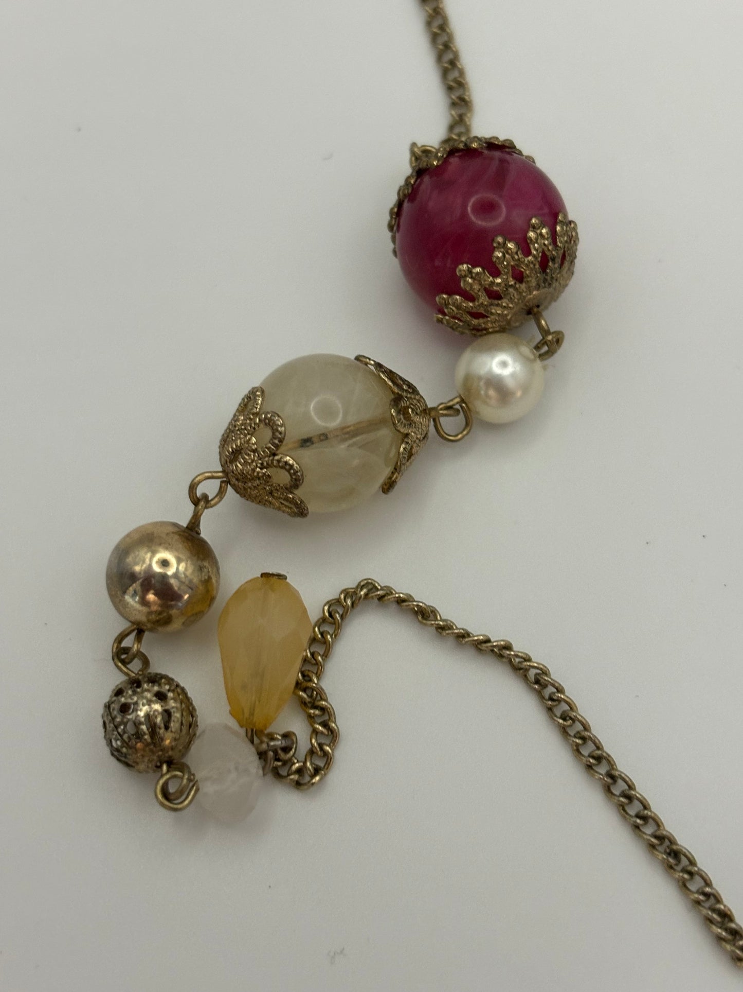 Pink, gold & white ornate bead necklace