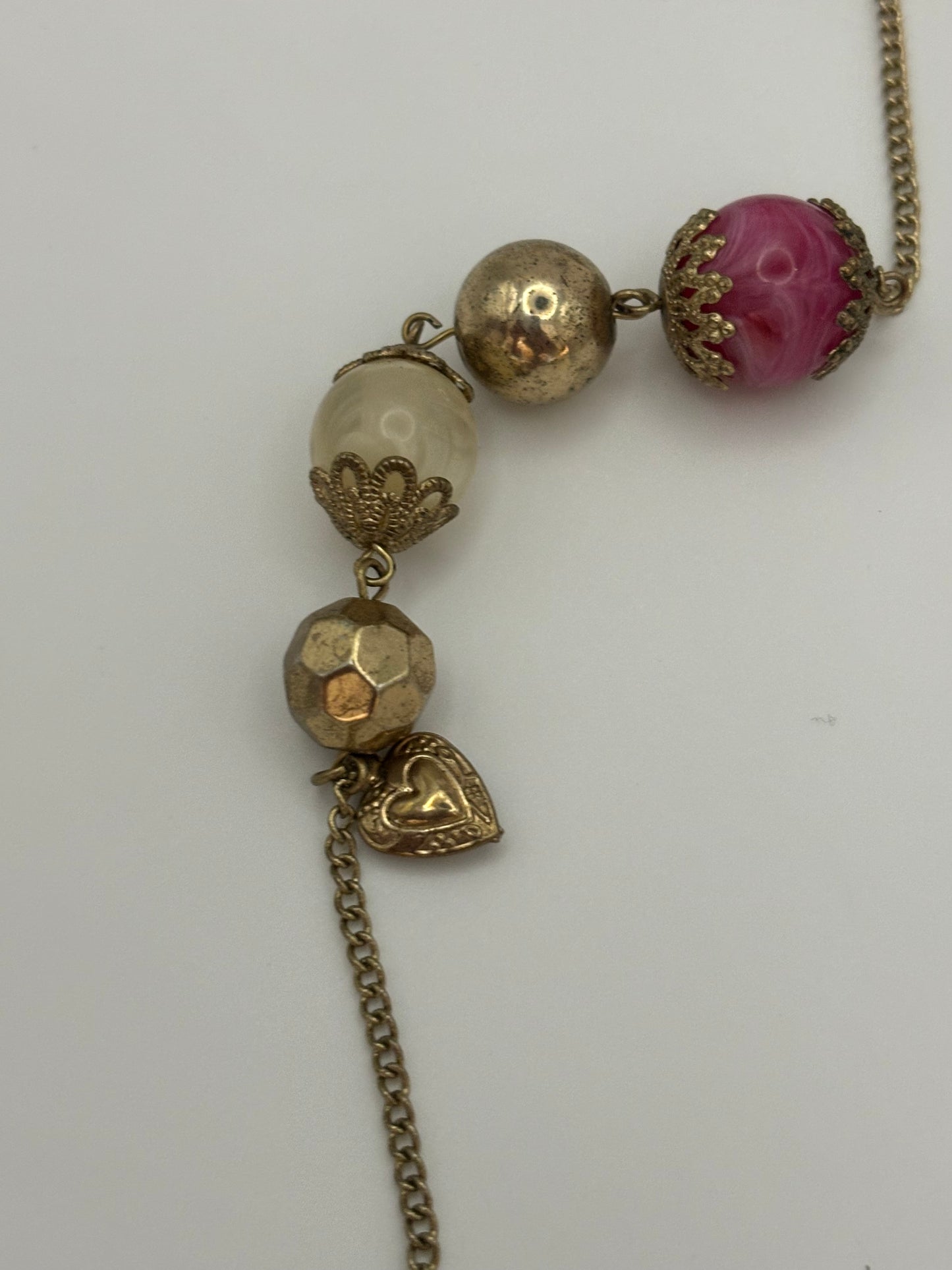 Pink, gold & white ornate bead necklace