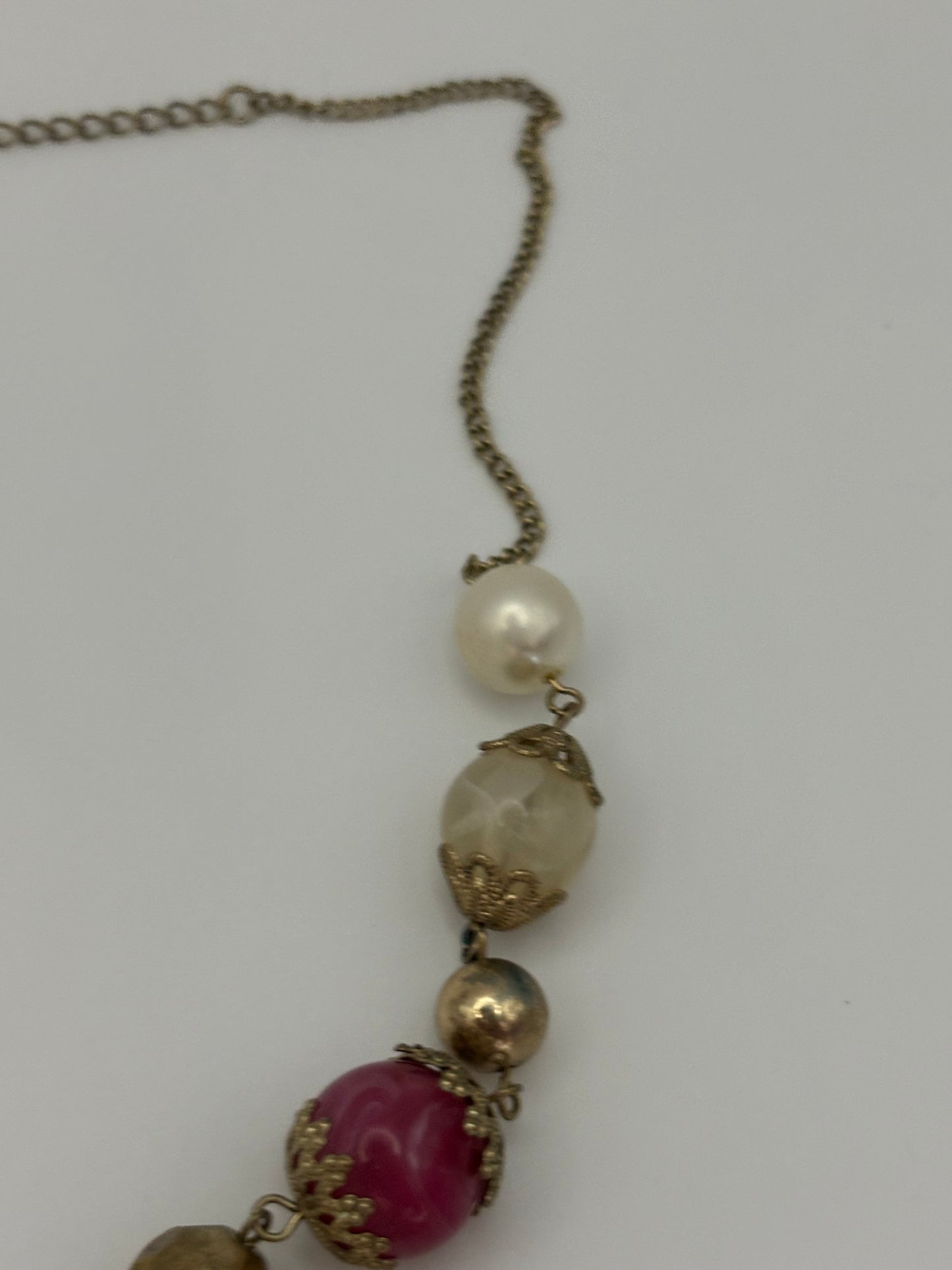 Pink, gold & white ornate bead necklace