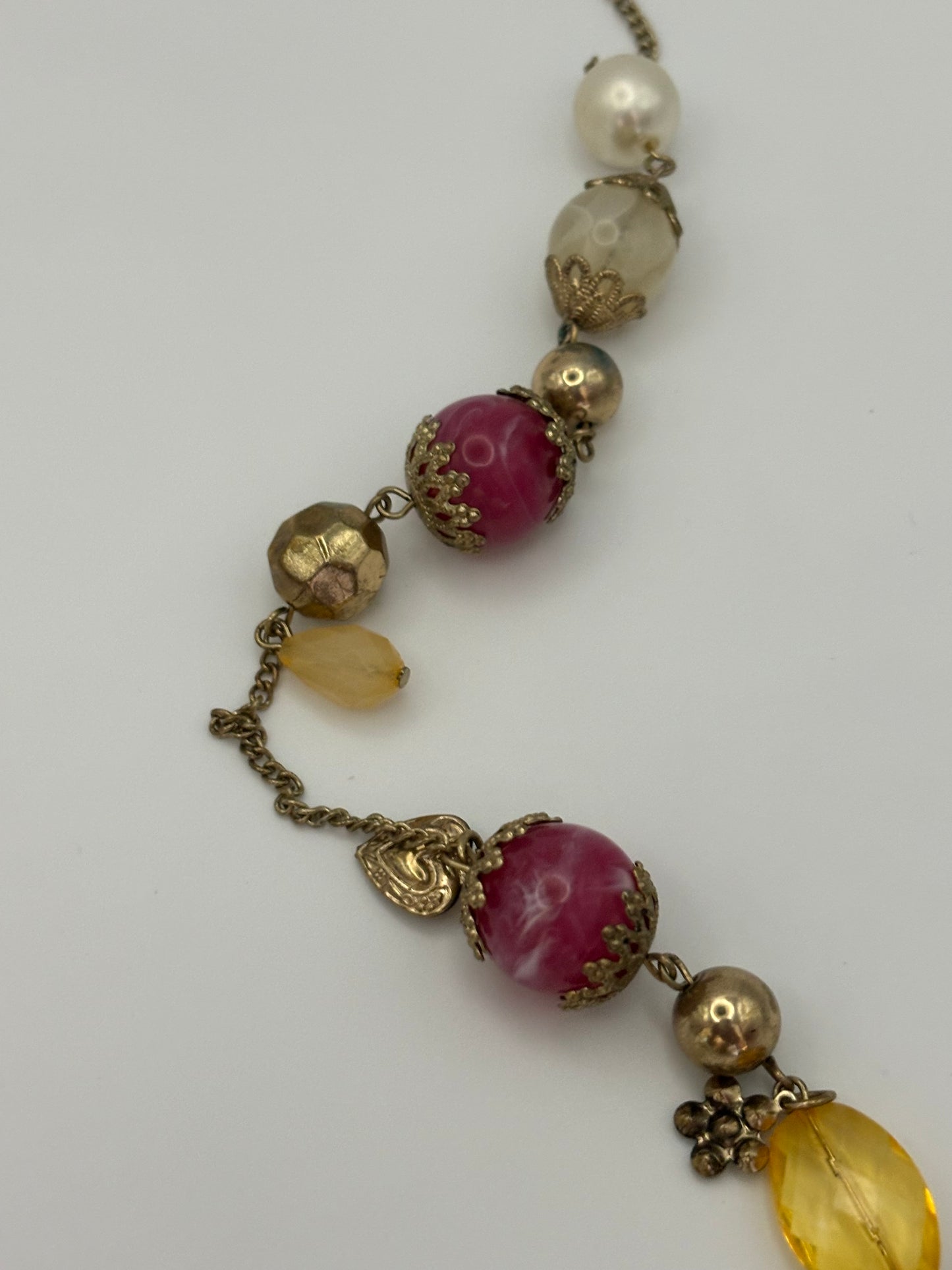 Pink, gold & white ornate bead necklace