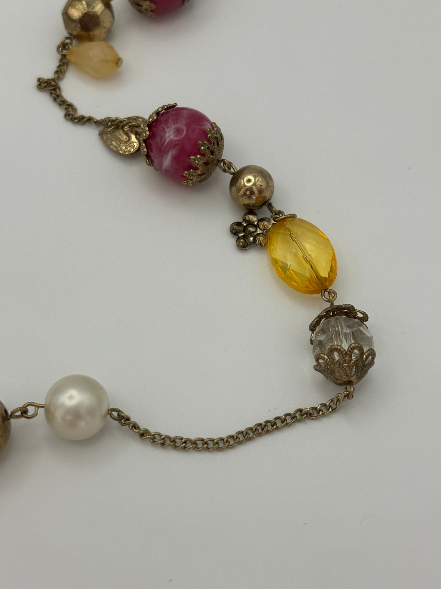 Pink, gold & white ornate bead necklace