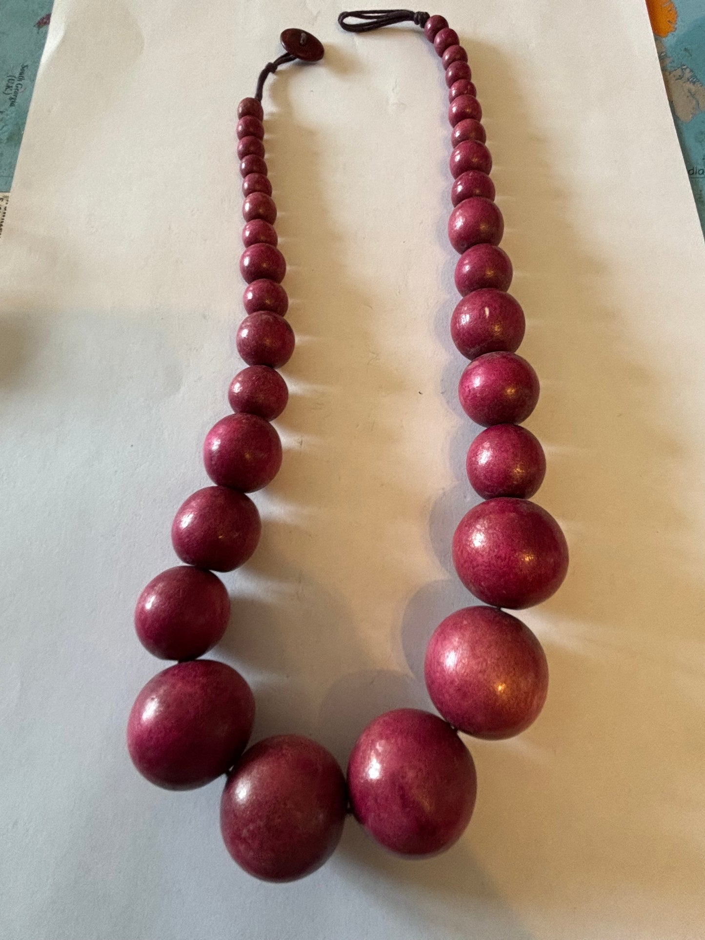 Large graduated natural wooden red bead necklace