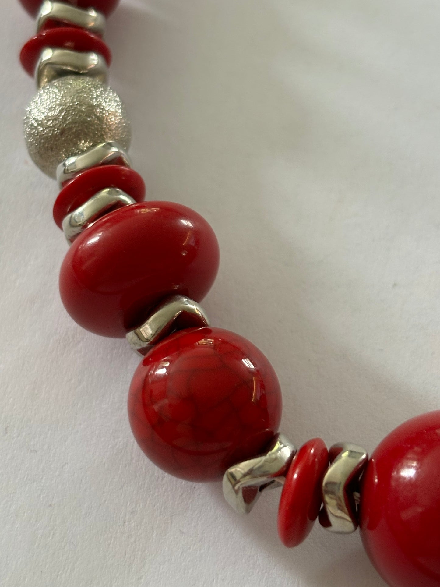 Red and Silver ornate beaded graduated necklace