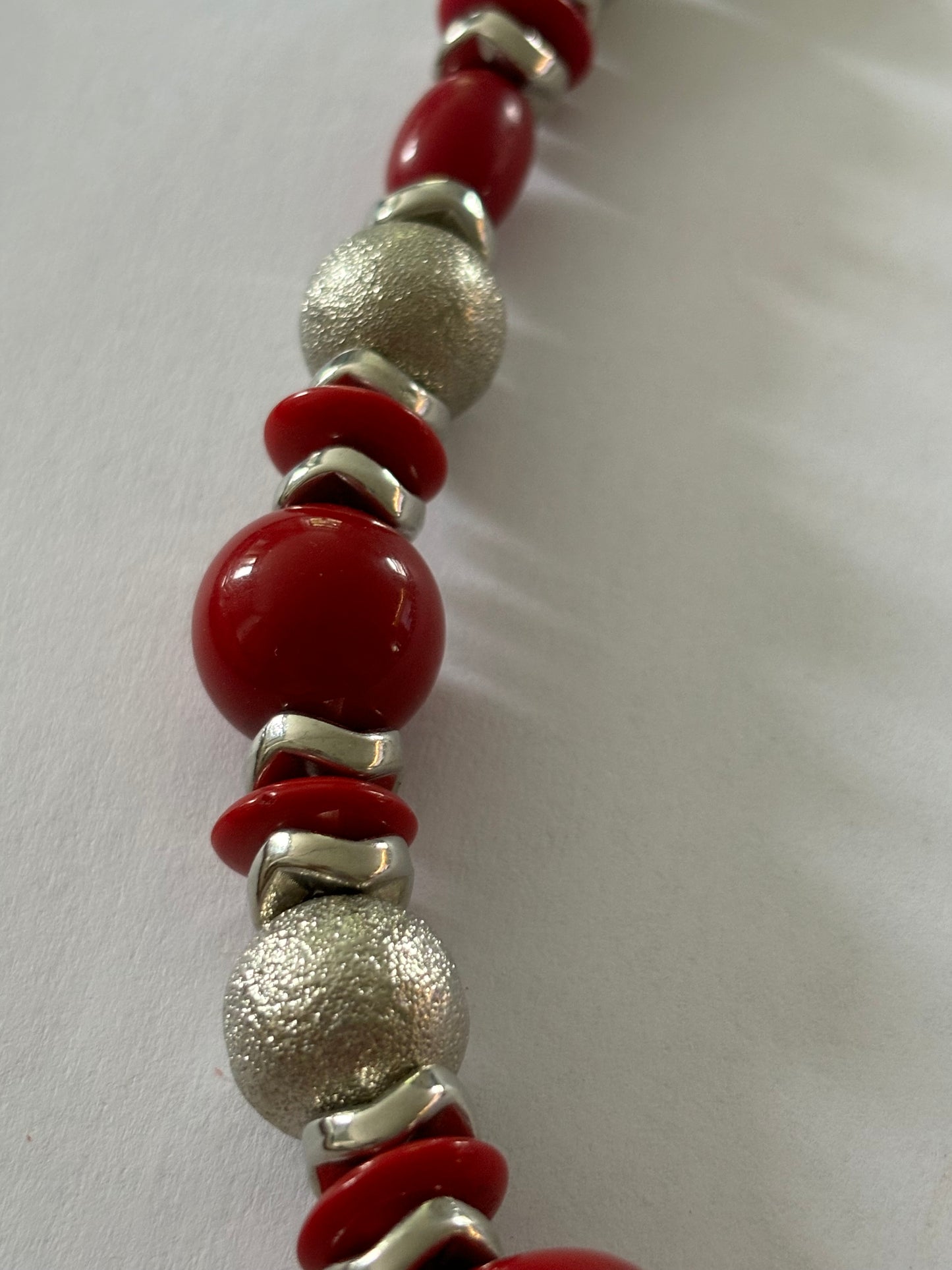 Red and Silver ornate beaded graduated necklace