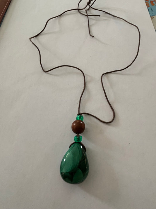 Brown string necklace with peardrop green marbled bead pendant