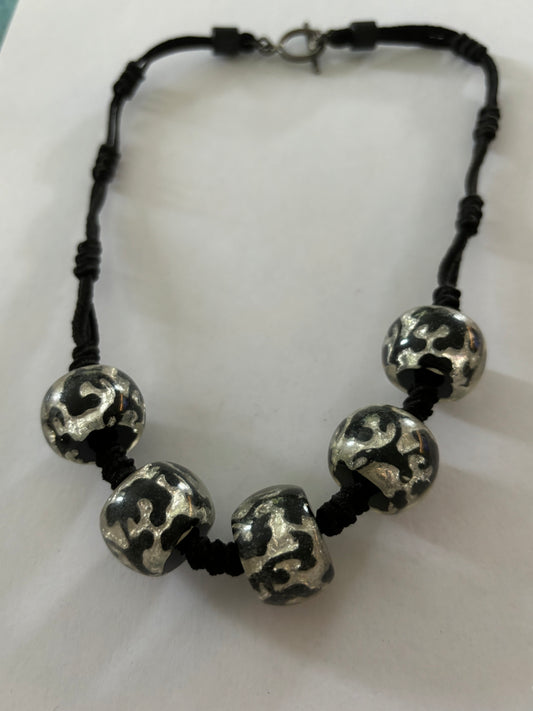 Black and Silver glassy bead necklace on string with T-Bar clasp