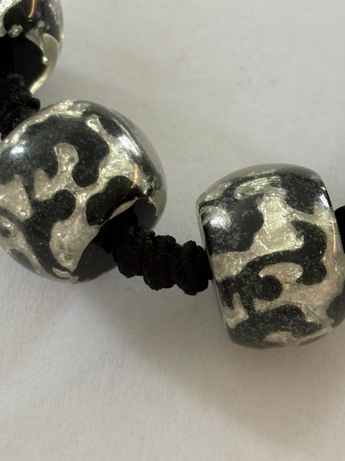 Black and Silver glassy bead necklace on string with T-Bar clasp