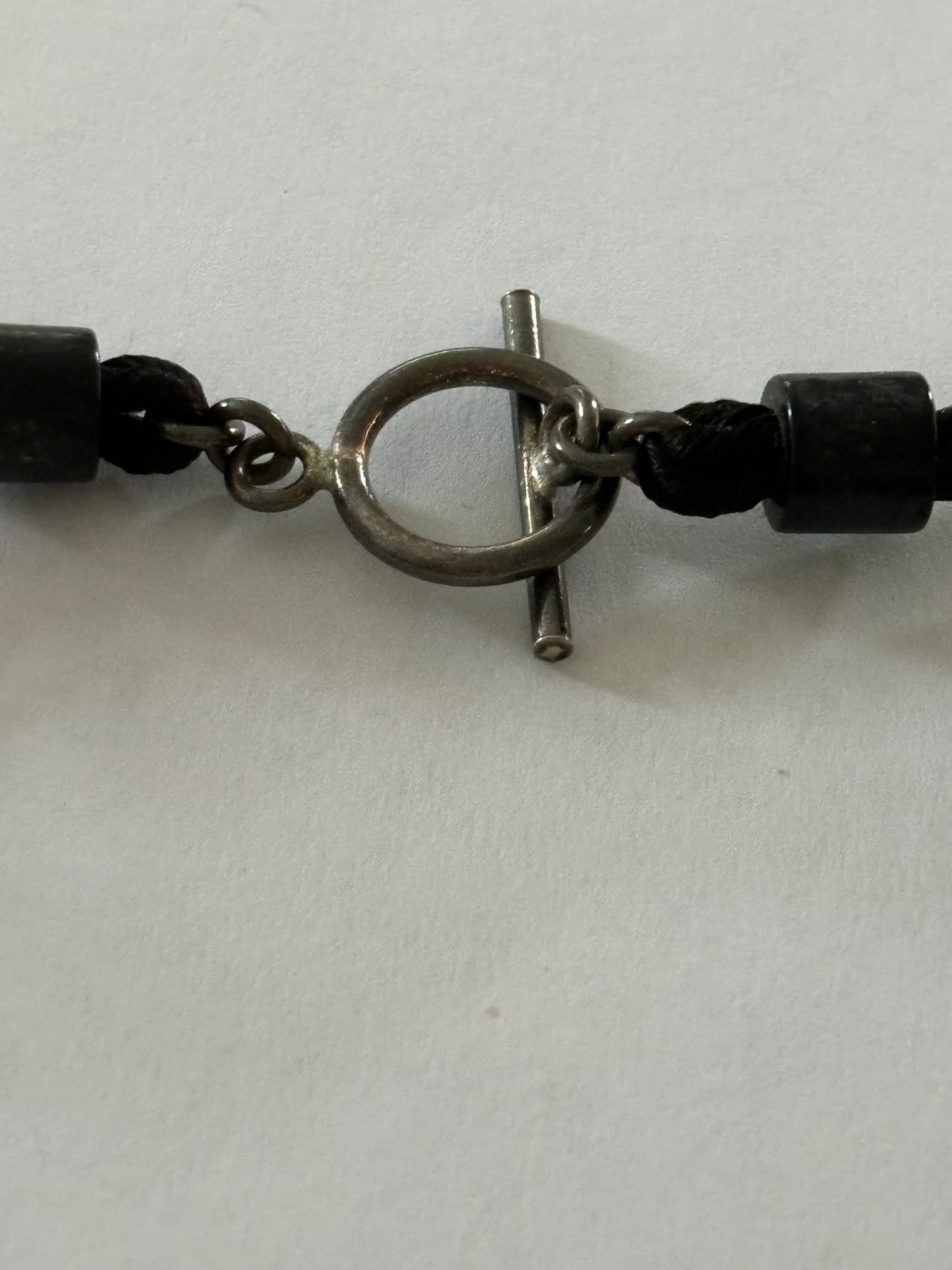 Black and Silver glassy bead necklace on string with T-Bar clasp