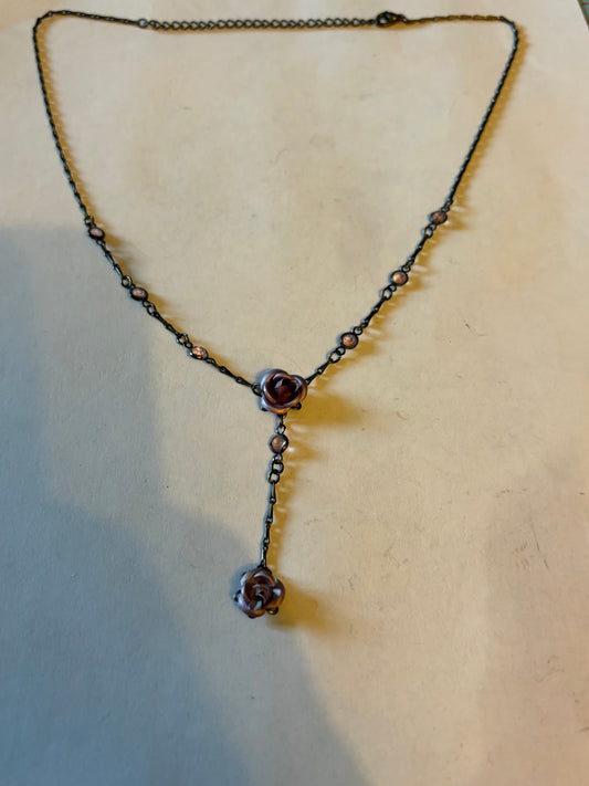 Dark Metal Necklace with Purple Flower Drop Pendant