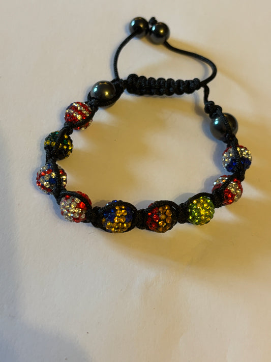 Black friendship bracelet with coloured flag crystal beads