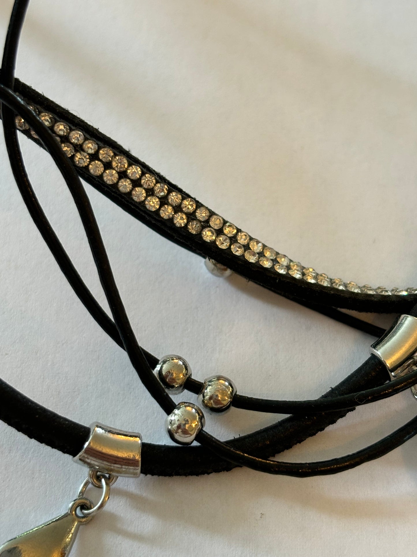 Black multi strand choker necklace with diamante and dangle silver beads